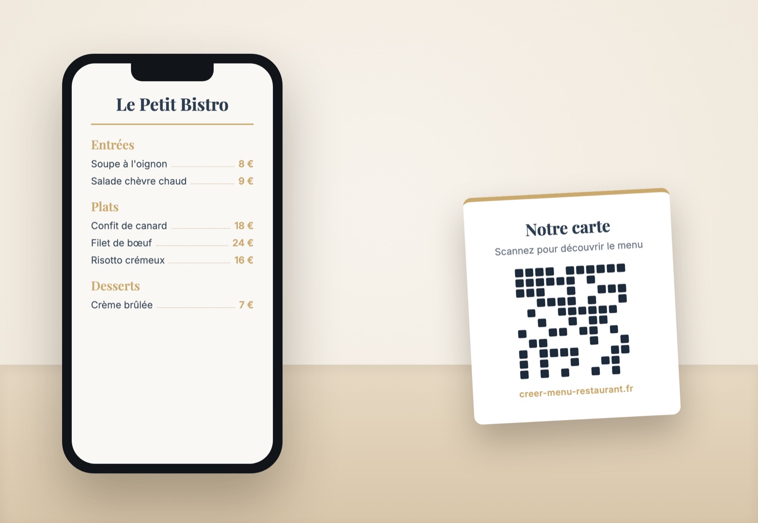 Menu de restaurant affiché sur un téléphone à côté d'un QR code de table